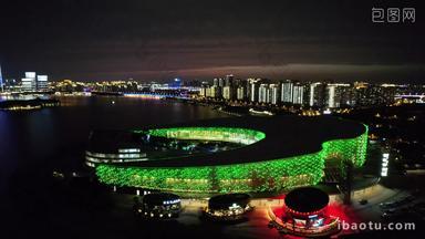 苏州东方之门文化艺术中心金鸡湖夜景灯光航拍